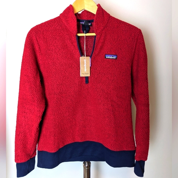 Patagonia Sweaters - Patagonia Woolyester Half-zip, Fleece pullover, Molten Lava, Navy trim, Sz. Sm.